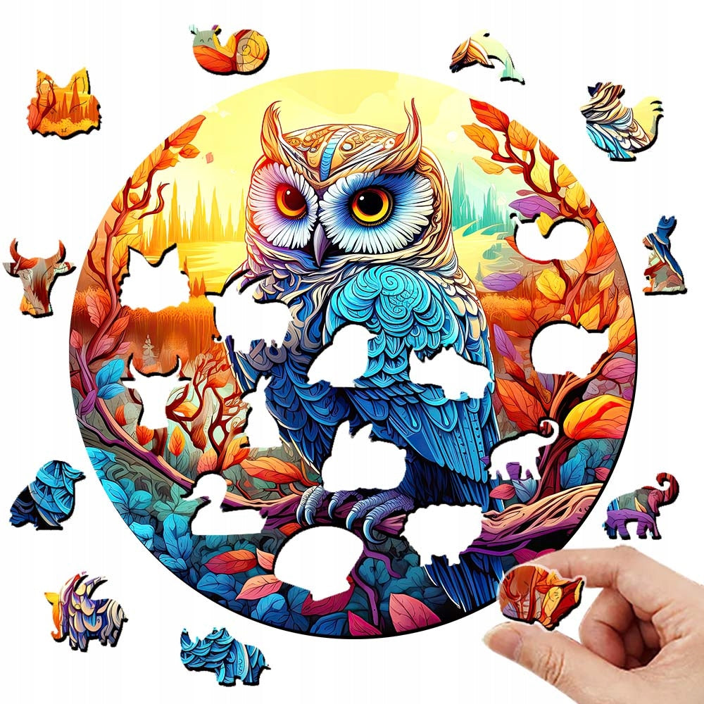 Colorful wooden jigsaw puzzle featuring artistic animal design with intricate patterns and vibrant details