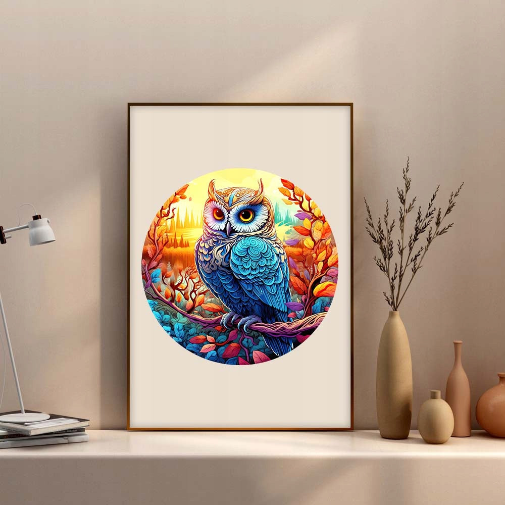 Colorful wooden jigsaw puzzle featuring artistic animal design with intricate patterns and vibrant details