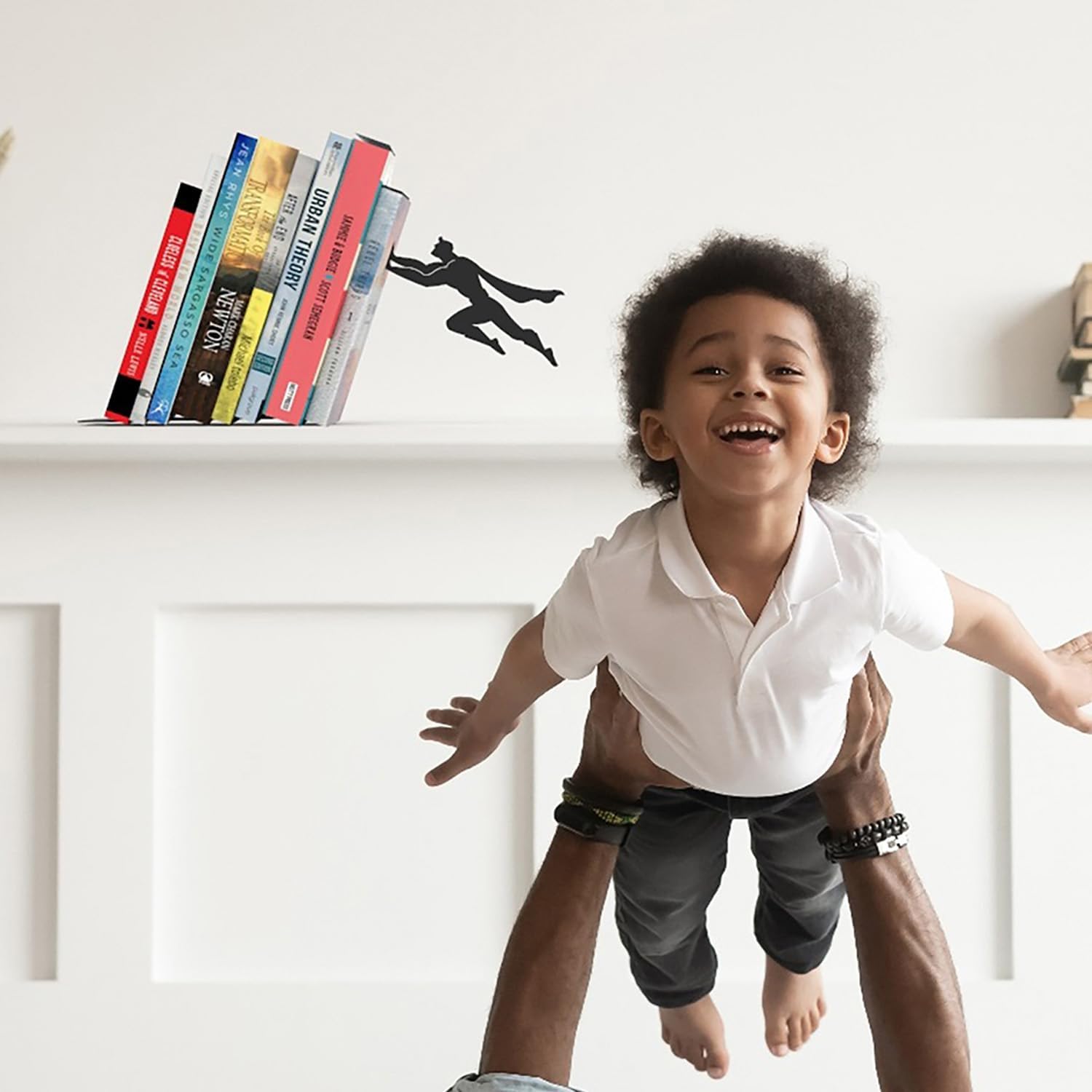 Premium metal bookend stand with heroic character silhouette design for book organization and display - Superman