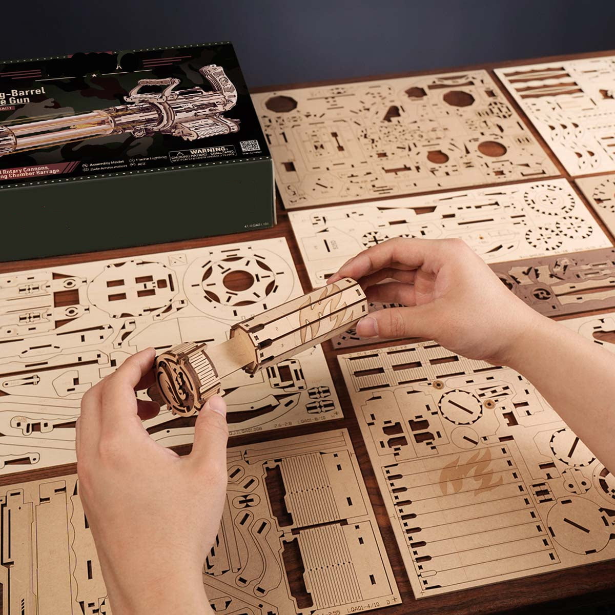 Rotating barrel wooden puzzle gun kit 3D assembly model with 6-barrel firing mechanism by Puzzloria