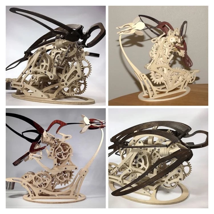 Collage of mechanical horse sculptures with intricate gear designs. Puzzloria | Kinetic Hummingbird Sculpture - 3D Wooden Mechanical Puzzle Kit