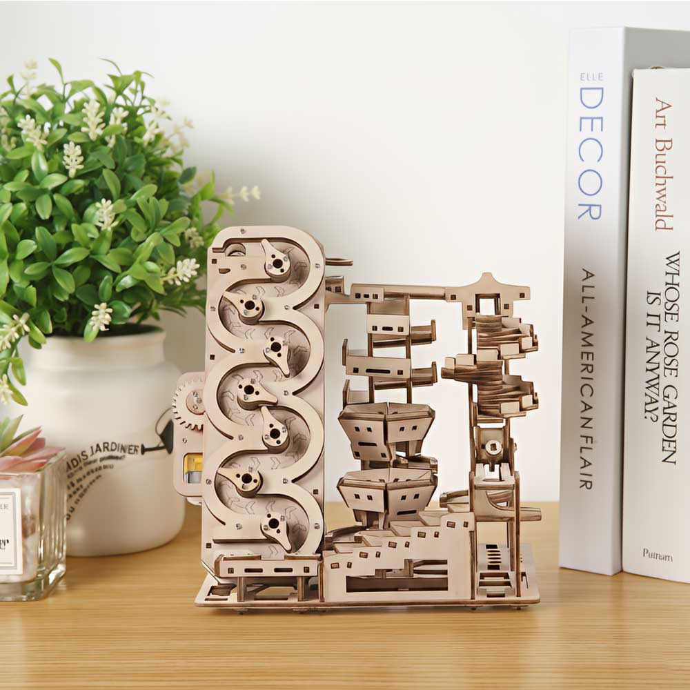Motorized Marble Machine 3D Wooden Puzzle Celestial Ladder - STEM Building Kit with Mechanical Gear System Stellar Stairway Tan