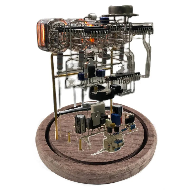 Vintage nixie tube clock with glowing amber display and wooden base from Puzzloria