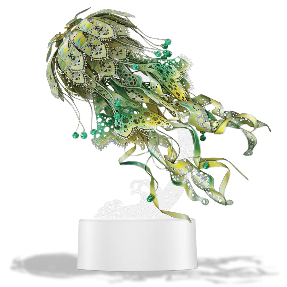 Decorative jellyfish sculpture with green and yellow patterns Puzzloria | 3D Metal Puzzle Jellyfish Kit - 61 Piece Stainless Steel DIY Assembly Model Building Set for Adults