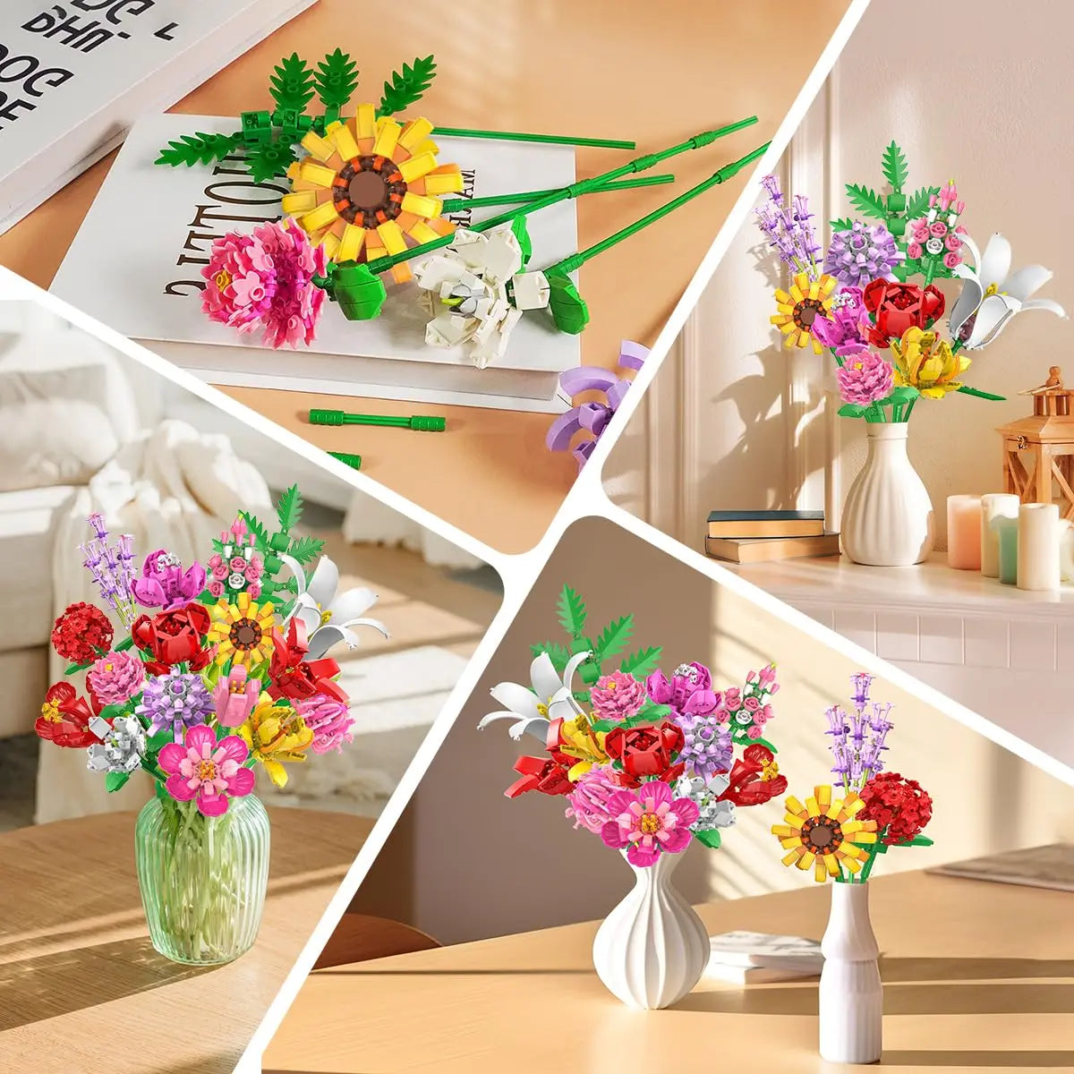 Collage of colorful flower arrangements made from building blocks on a wooden surface.