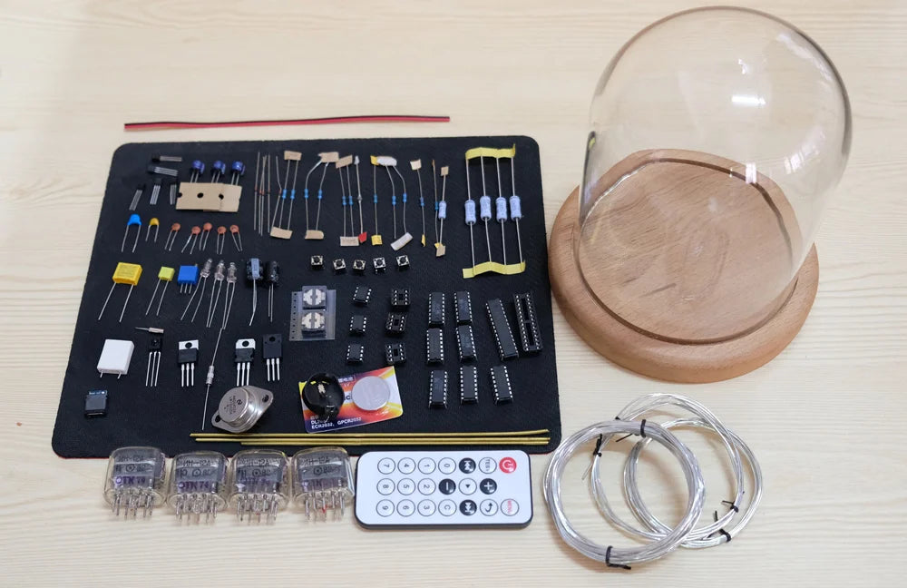 Vintage nixie tube clock with glowing amber display and wooden base from Puzzloria