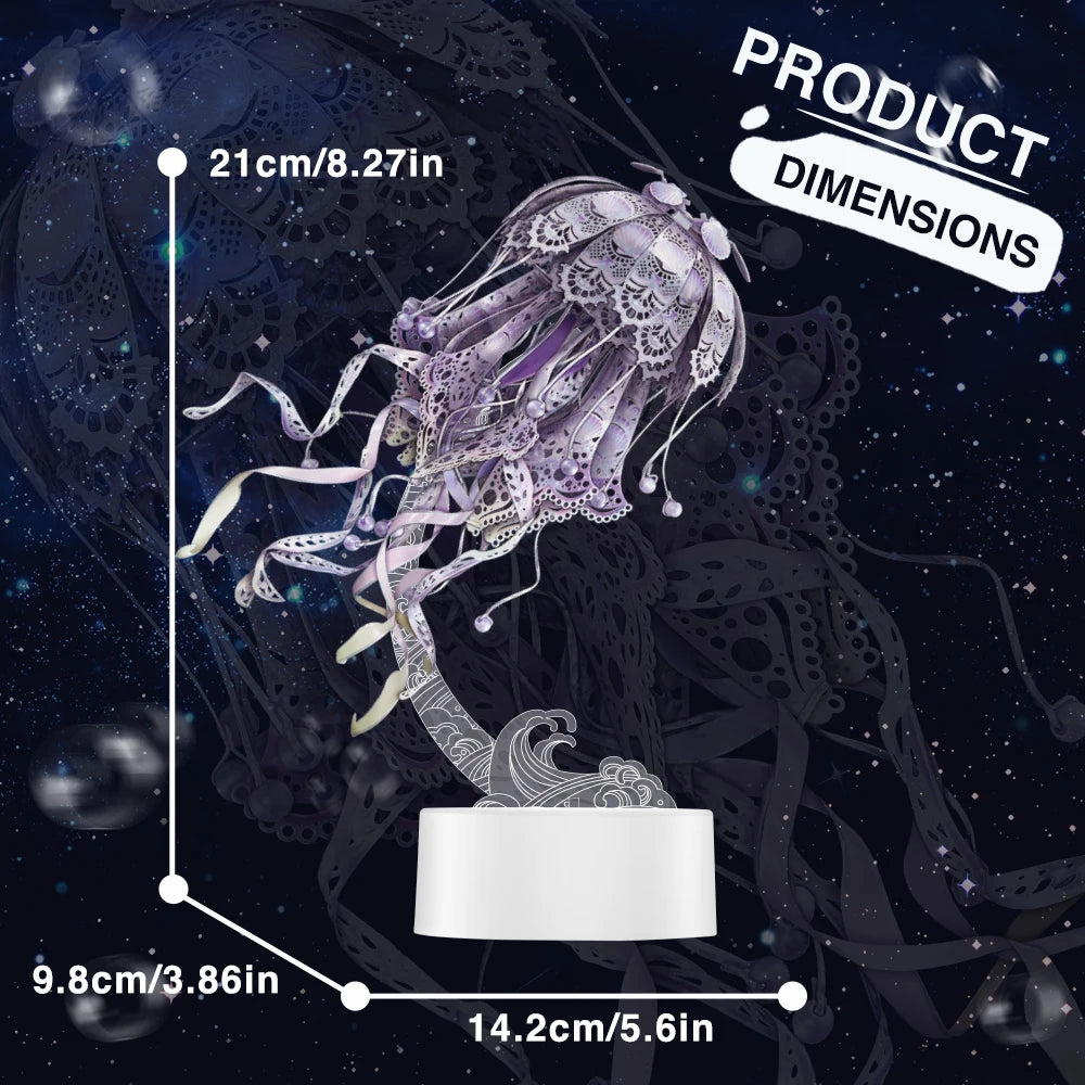 Decorative jellyfish sculpture with product dimensions on a dark background Puzzloria | 3D Metal Puzzle Jellyfish Kit - 61 Piece Stainless Steel DIY Assembly Model Building Set for Adults