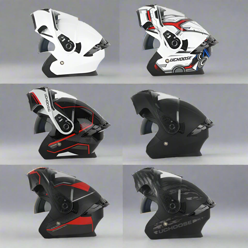 Set of six motorcycle helmets in different colors and designs on a white background