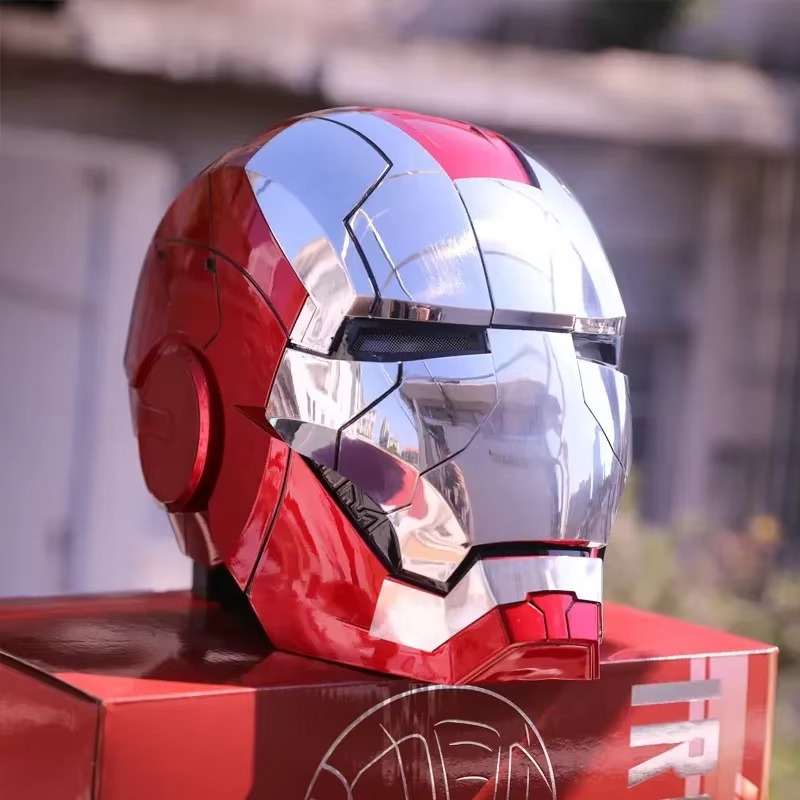 Premium Iron Man helmet collectible with LED lighting and voice control features for cosplay and display