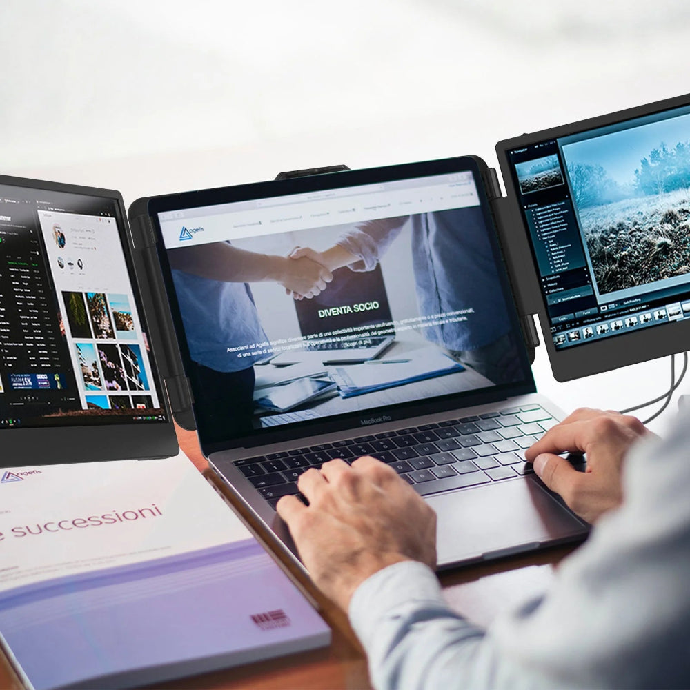 Portable dual laptop screen extender with 14-inch Full HD IPS displays for increased productivity and multi-screen workspac