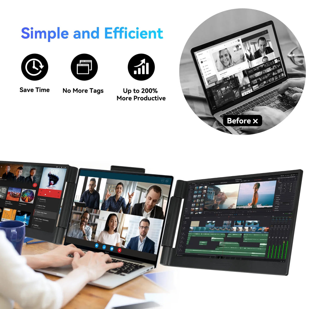 Portable dual laptop screen extender with 14-inch Full HD IPS displays for increased productivity and multi-screen workspac