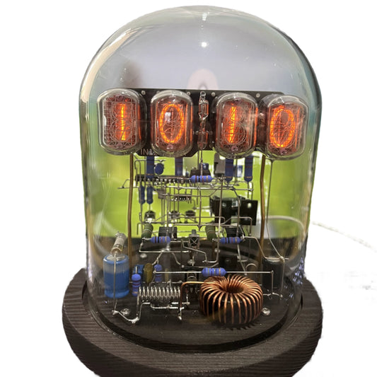 Vintage nixie tube clock with glowing amber display and wooden base from Puzzloria