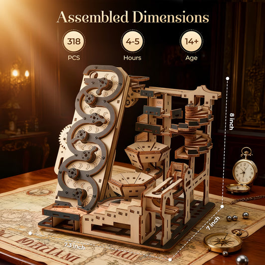 Motorized Marble Machine 3D Wooden Puzzle Celestial Ladder - STEM Building Kit with Mechanical Gear System Black Tan