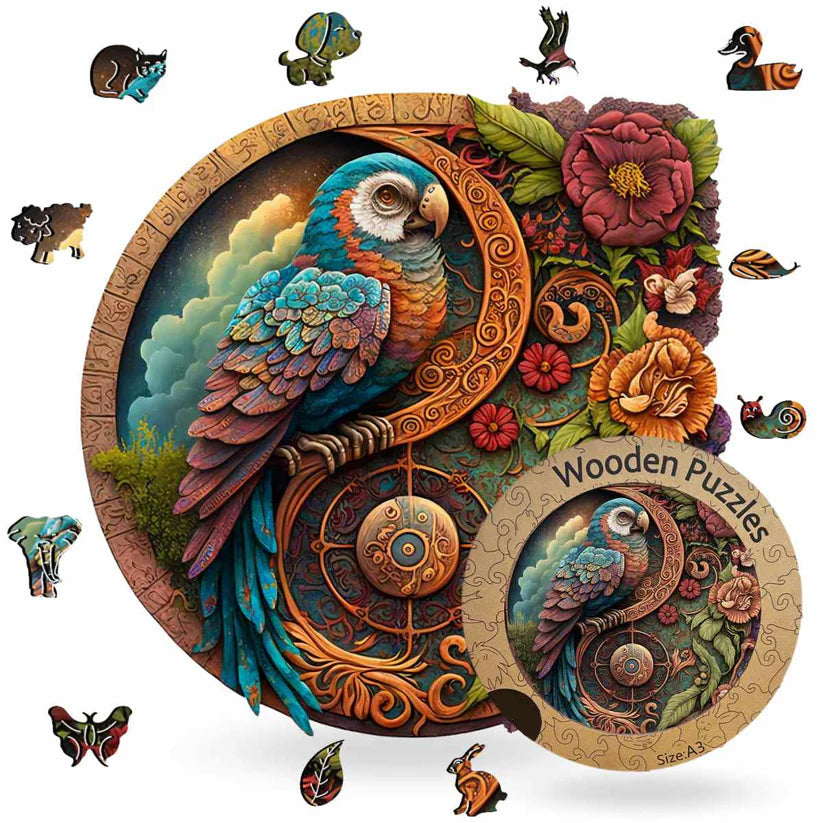 Colorful wooden jigsaw puzzle parrot ying yang design with intricate patterns and vibrant details