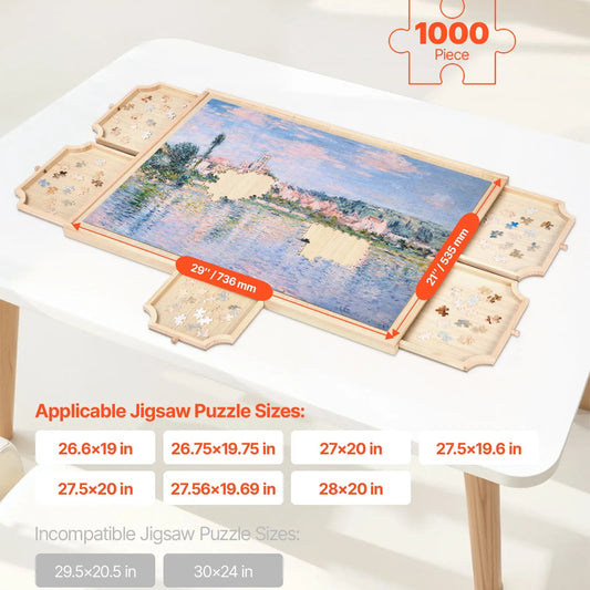 Wooden 1000 piece rotating puzzle board with storage drawers and protective cover