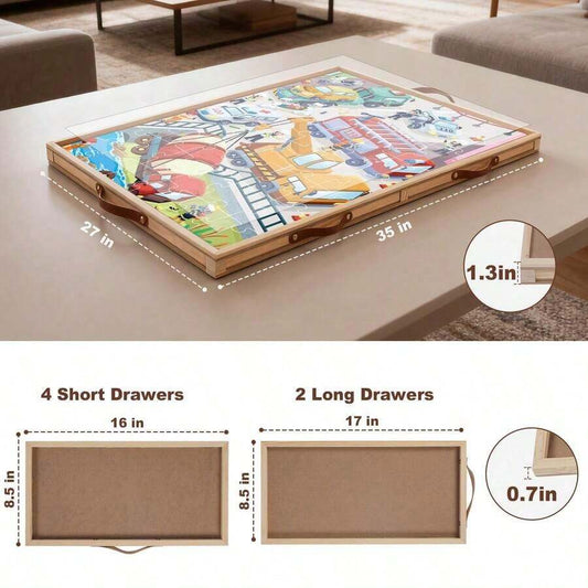 35 by 27 inch puzzle board for 1500 piece jigsaws with rotating base, 6 drawers and transparent protective cover