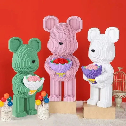 white brick bear building set with flowers micro blocks shelf decor for nursery and scandinavian rooms white – White, Pink, Purple, Green