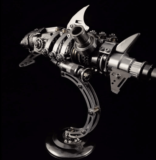 mechanical shark model kit with exposed gears and fins, metal shark sculpture for desk and shelf display