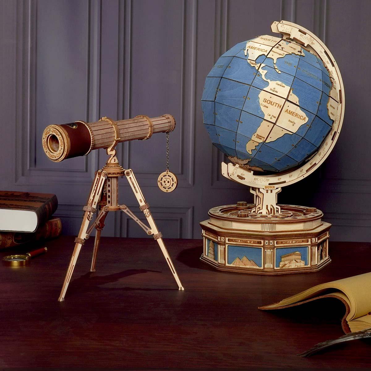 Puzzloria™ | Explorer's Collection - Wooden Globe & Monocular Telescope Set - Puzzloria