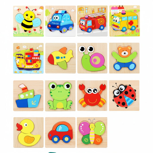 wooden toddler puzzle design grid animal vehicle chunky 3D jigsaw montessori – Frog, Owl Branch, Owl Stars, Crab, Butterfly, Ladybug, Bee, Duck, Car