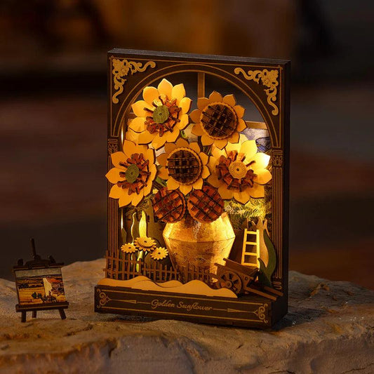 wooden sunflower puzzle lamp DIY 3d night light kit no glue assembly warm LED bedroom decor gift Golden Sunflower, Sunflower & Water Lily