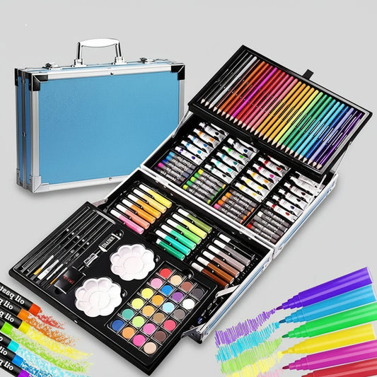 145 piece art set drawing and painting kit closed and open aluminum case for kids and adult artists – Blue, Pink, Astronaut
