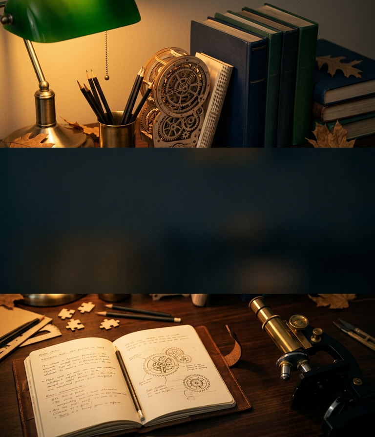 Back to school sale - desk with books, DIY mechanical puzzle, microscope and study notebook
