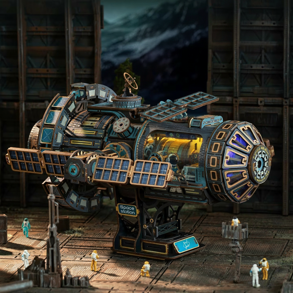 motorized black space station wooden puzzle with glowing crew cabin, sci-fi desk and shelf decor model kit for adults, Black