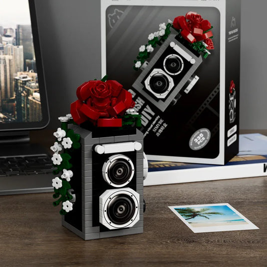 black twin lens reflex camera building block model with red roses, micro brick kit and photographer gift, Black