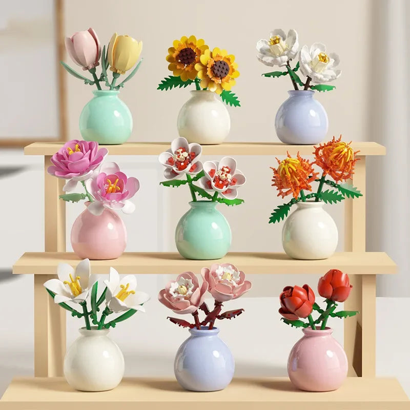 Puzzloria Building Block Flowers Rose Tulip Lily Peony DIY Botanical Set - Mini brick flowers with decorative vase home ornament gift