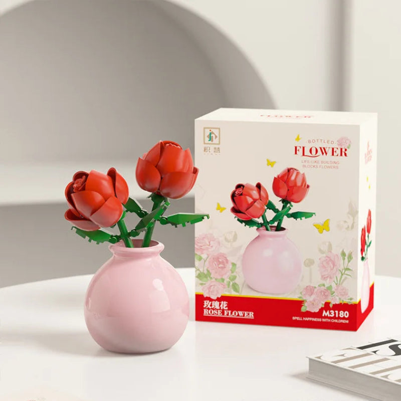 Puzzloria Building Block Flowers Rose Tulip Lily Peony DIY Botanical Set - Mini brick flowers with decorative vase home ornament gift
