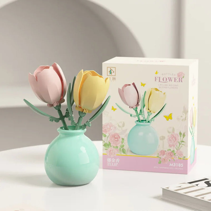 Puzzloria Building Block Flowers Rose Tulip Lily Peony DIY Botanical Set - Mini brick flowers with decorative vase home ornament gift