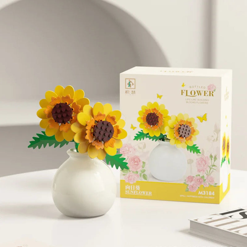 Puzzloria Building Block Flowers Rose Tulip Lily Peony DIY Botanical Set - Mini brick flowers with decorative vase home ornament gift