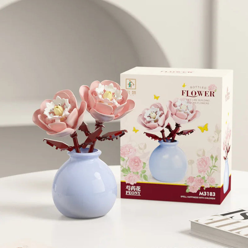 Puzzloria Building Block Flowers Rose Tulip Lily Peony DIY Botanical Set - Mini brick flowers with decorative vase home ornament gift