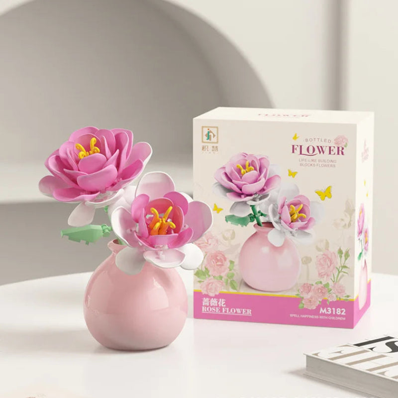 Puzzloria Building Block Flowers Rose Tulip Lily Peony DIY Botanical Set - Mini brick flowers with decorative vase home ornament gift