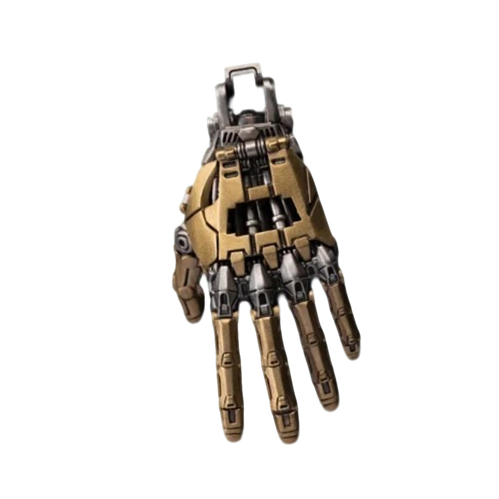 Puzzloria cybernetic hand pendant with articulated joints and steampunk design