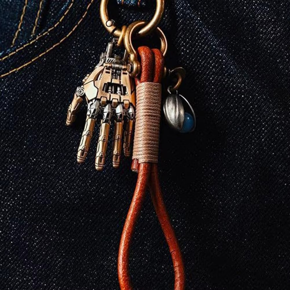 Puzzloria cybernetic hand pendant with articulated joints and steampunk design