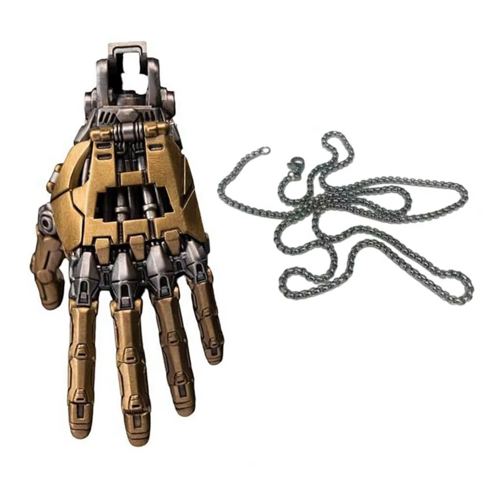 Puzzloria cybernetic hand pendant with articulated joints and steampunk design