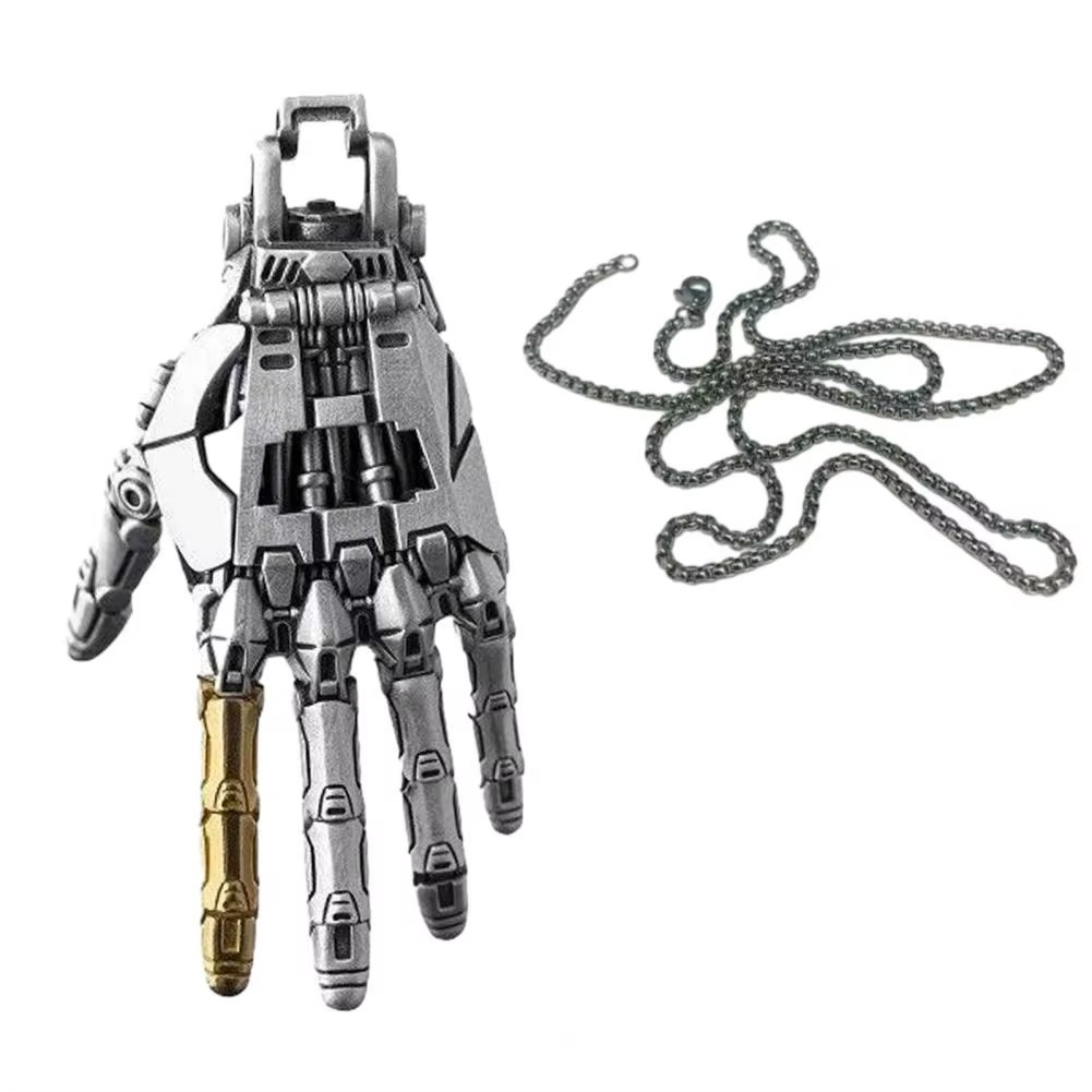 Puzzloria cybernetic hand pendant with articulated joints and steampunk design