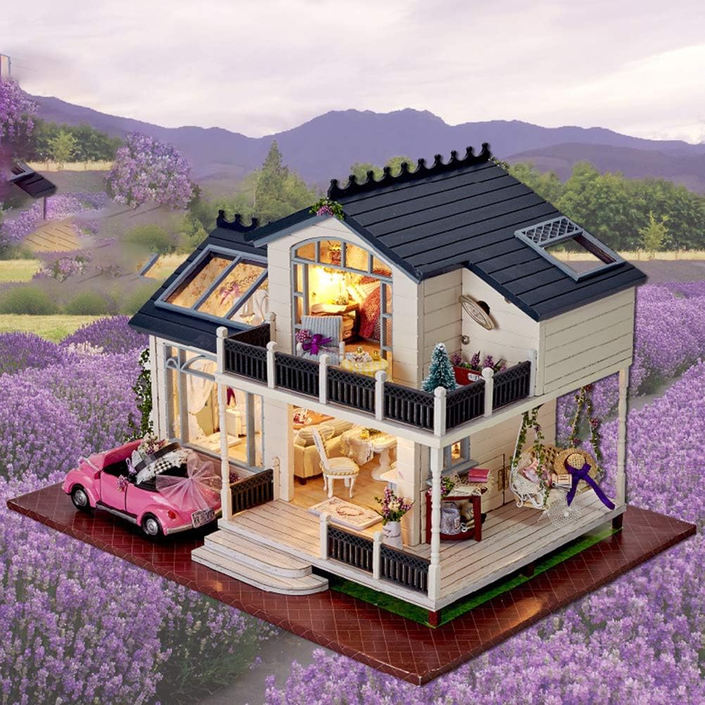 Model house with interior lights in a lavender field with mountains in the background Puzzloria™ | Dollhouse Kit (PROVENCE LAVENDER) - Puzzloria