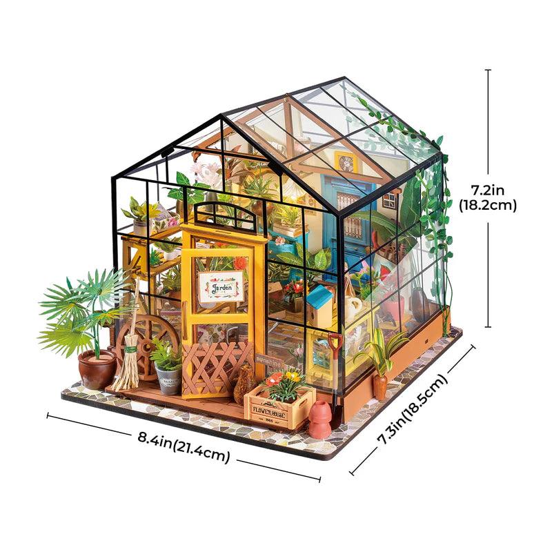 miniature garden model kit intermediate build project indoor greenhouse diorama with flowers plants and tools