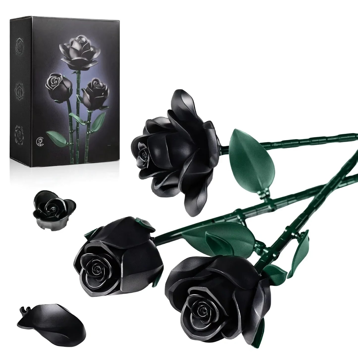 Black roses with a decorative box in the corner Eternal Black Rose Bouquet Building Blocks 3 and 12