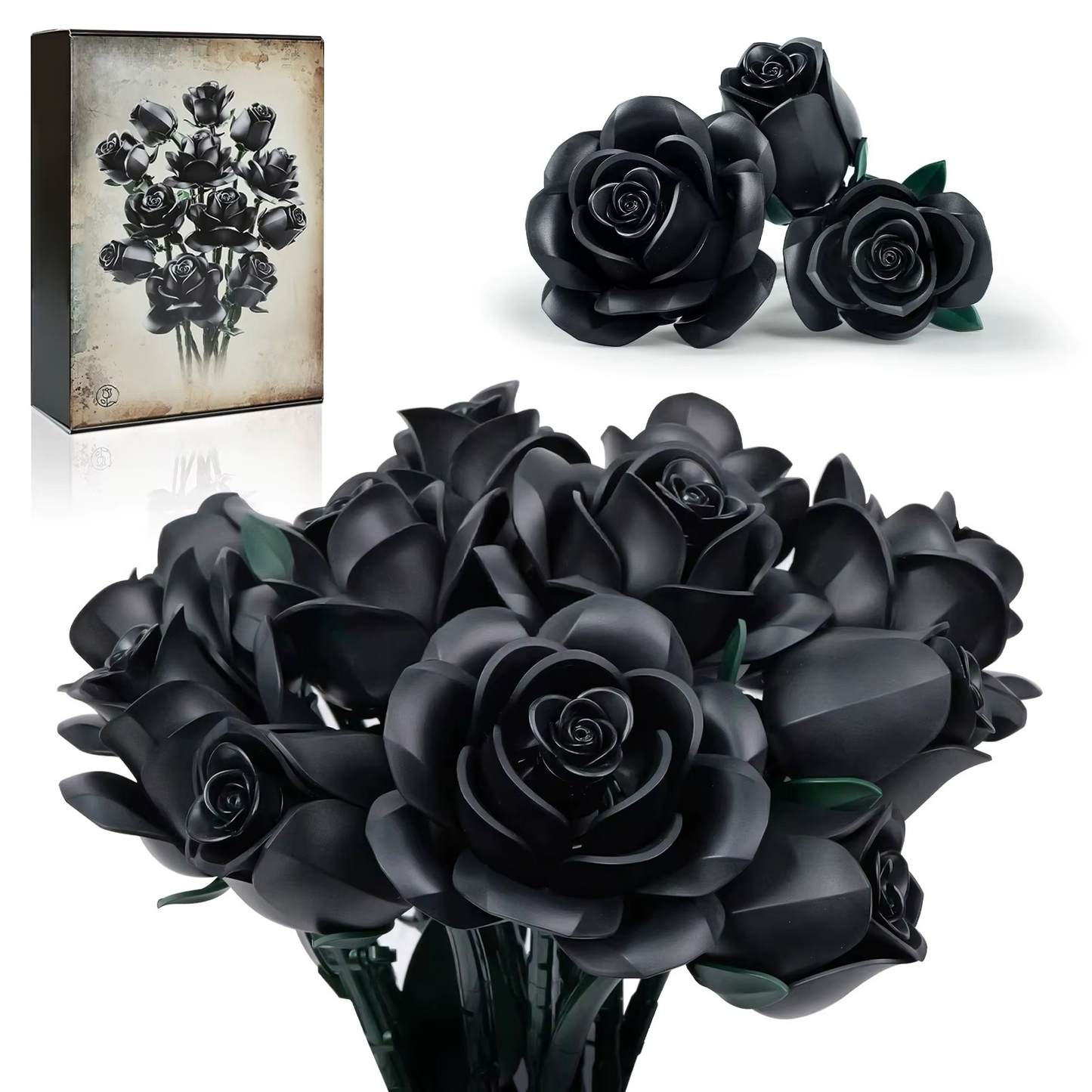 Black roses with a decorative box in the corner Puzzloria | Eternal Black Rose Bouquet Building Blocks