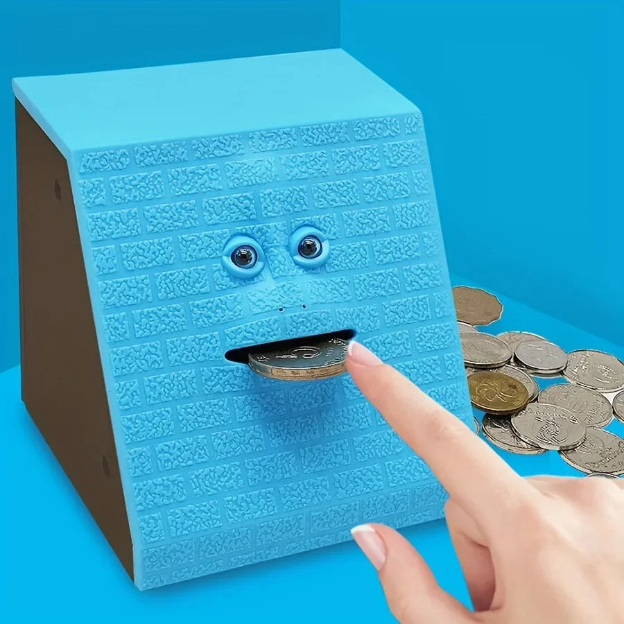 Interactive animated piggy bank with motion-sensor technology for children's savings and financial education