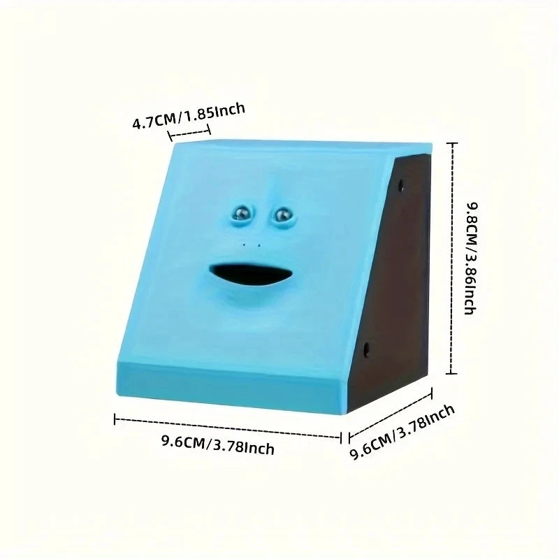 Blue and black wedge-shaped Interactive animated piggy bank with motion-sensor technology for children's savings and financial educationwith measurements