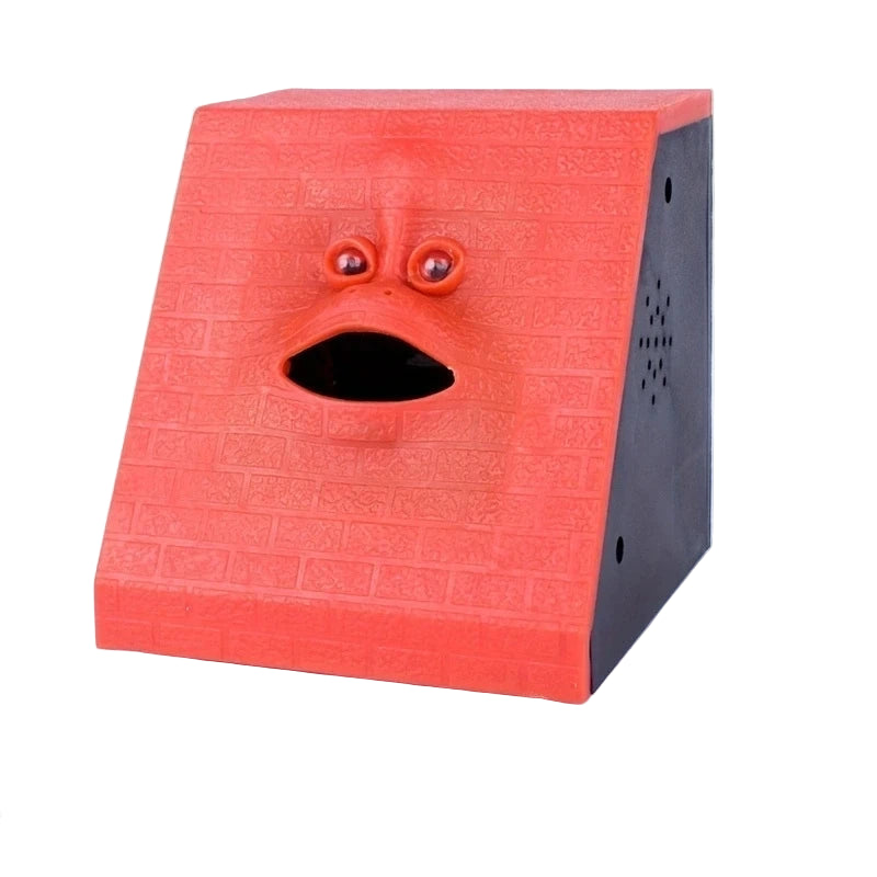 Red brick-patterned box with a face on a white background