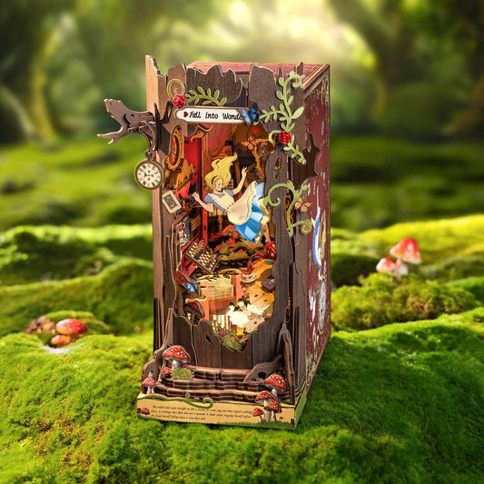wonderland book nook glowing on mossy woodland ground, miniature rabbit hole scene for fantasy book lovers