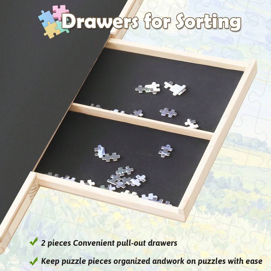 Felt puzzle board sorting drawers close up showing 4 pull out trays for organized jigsaw piece storage