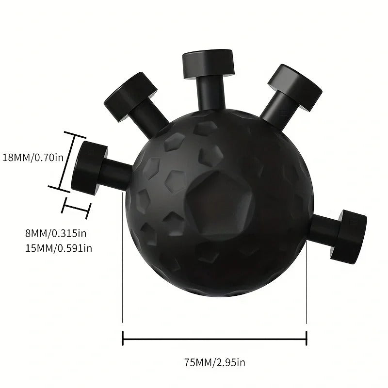 grip strengthener ball size guide, 75 mm textured sphere with 18 mm finger buttons for one handed training