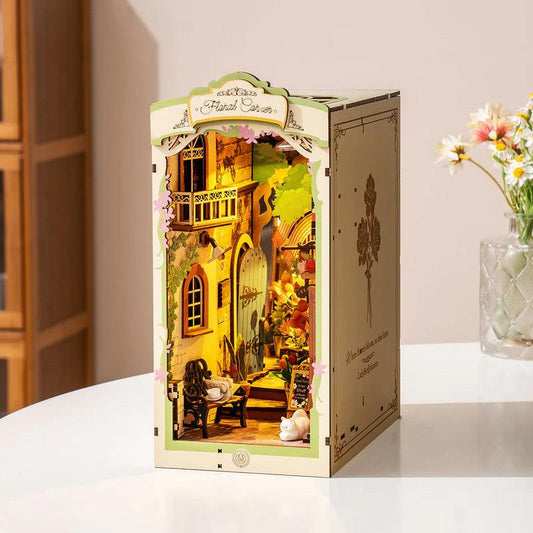 floral book nook bookshelf insert with flower buckets awning and shop window laser cut wooden kit for adults